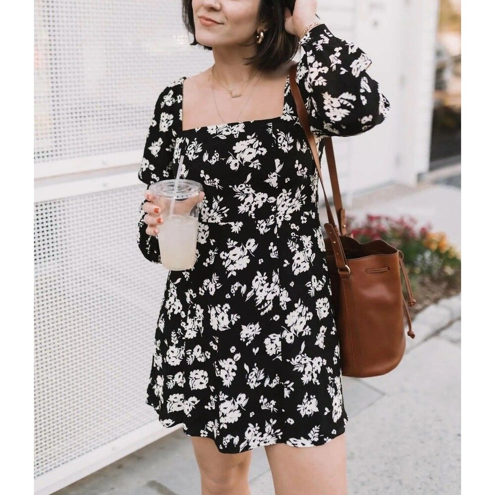 SEZANE CAROLA DRESS FLORESLE SIZE 40 US 8 Black Floral Long Sleeve Mini